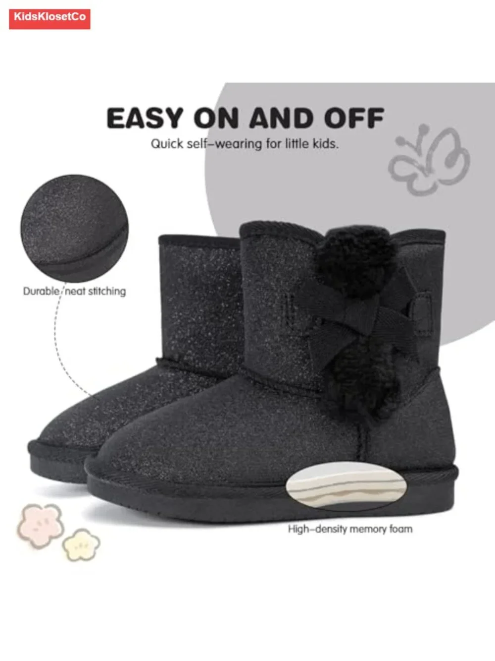Toddler Girls Glitter Snow Boots with Cotton Lining and Cute Bow